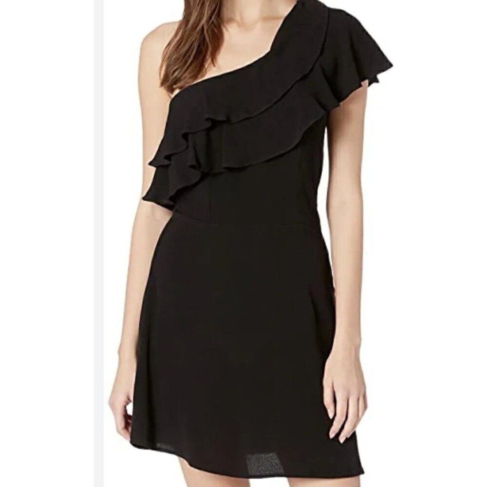 New Flynn Skye Black Claire Dress Womens L Mini Solid Black Rayon One Shoulder